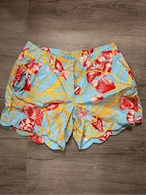 J. McLaughlin Light Blue Shorts with Coral Shell & Gold Rope Print